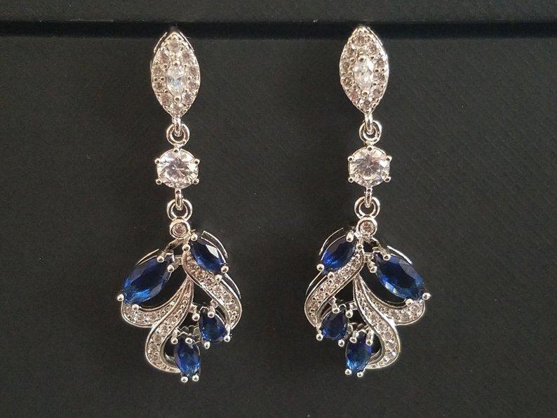Mariage - Bridal Sapphire Earrings, Navy Blue Silver Cluster Earrings, Wedding Floral Cubic Zirconia Earrings, Bridal Dangle Earrings, Bridal Jewelry