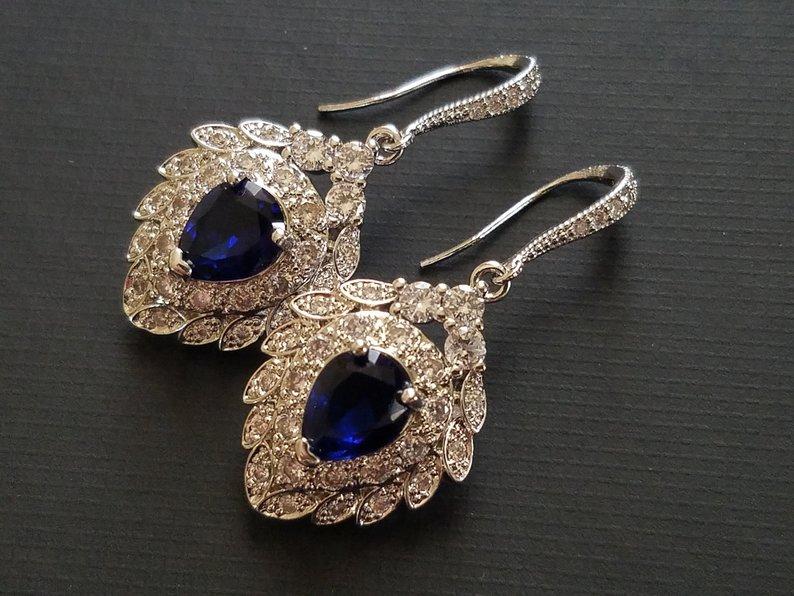 Hochzeit - Navy Blue Silver Bridal Earrings, Wedding Cubic Zirconia Earrings, Navy Blue Sapphire Earrings, Sapphire Dangle Earrings Bridal Blue Jewelry