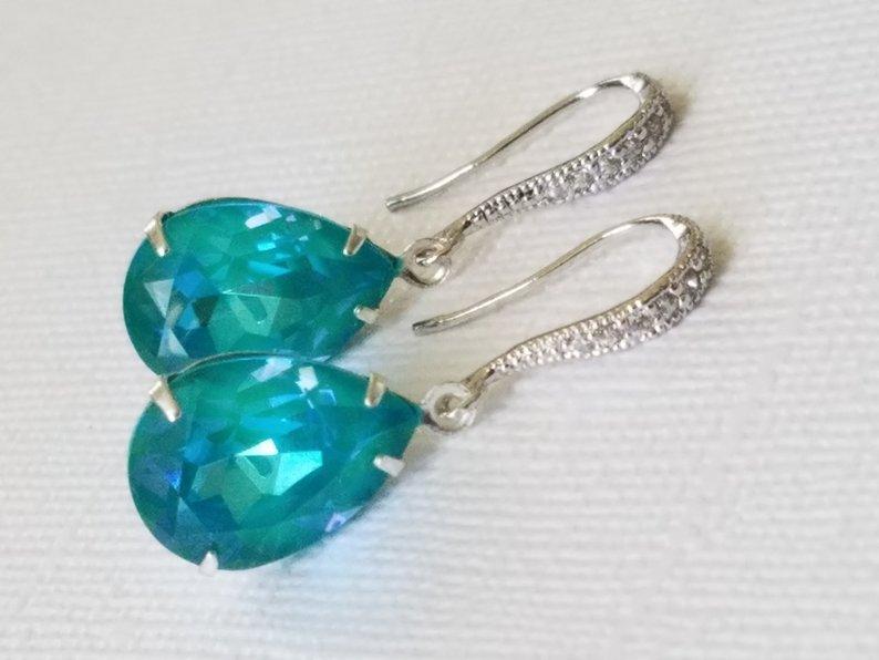 Wedding - Teal Silver Teardrop Earrings, Swarovski Laguna DeLite Earrings, Blue Green Earrings, Bridesmaids Earrings, Ocean Mermaid Wedding Jewelry