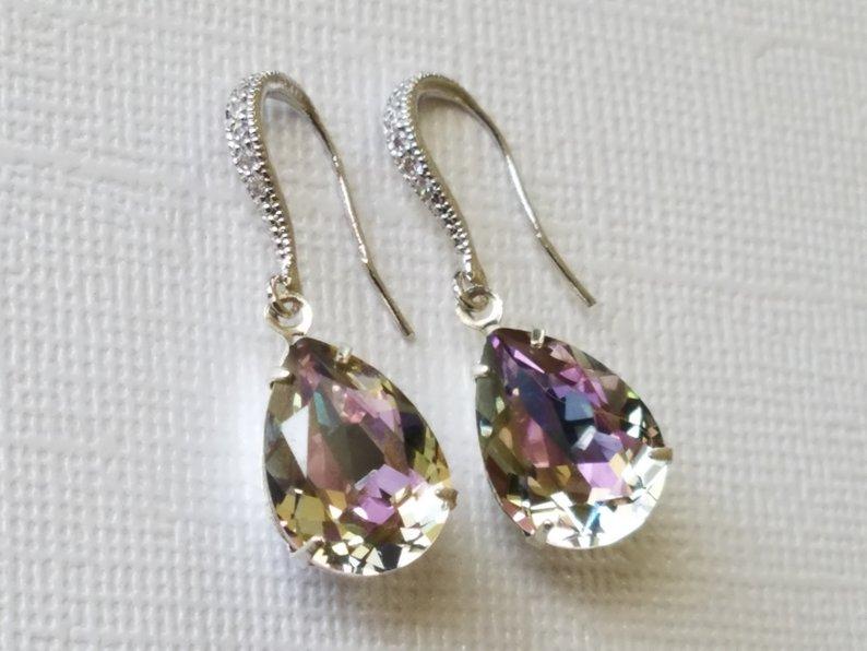 Wedding - Swarovski Vitrail Light Crystal Earrings, Wedding Teardrop Earrings, Light Rainbow Earrings, Light Purple Silver Earrings, Bridal Jewelry