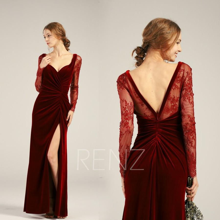 Mariage - Bridesmaid Dress Wine Velvet Dress Wedding Dress Slit Illusion Lace Long Sleeves Maxi Dress Sexy Ruched V Back Fitted Evening Dress(HV426)