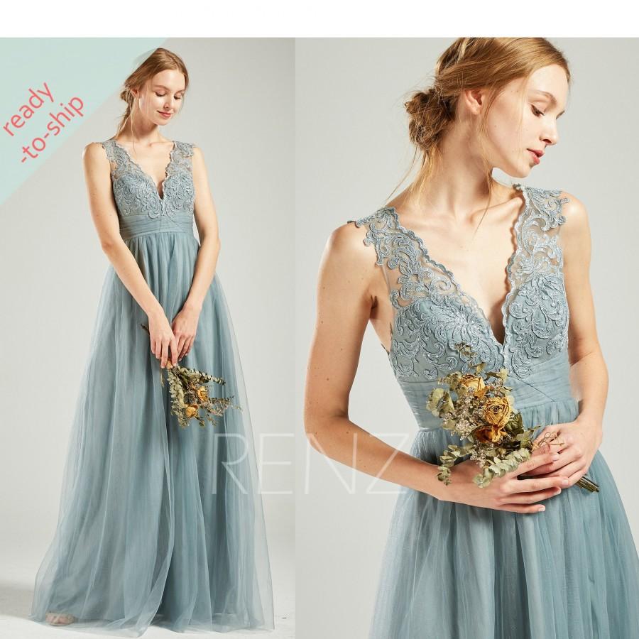 زفاف - Dusty Blue/Wine/Dark Mauve Tulle Bridesmaid Dress V Neck Sleeveless Maxi Party Dress Illusion Lace Back A-line In Stock Prom Dress - HS731
