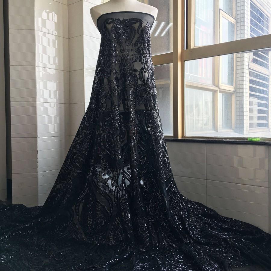 Mariage - Sparkling Sequined Black Lace Fabric Vintage Sequins Floral Lace Gauze 57 inches Wide for Evening Gown Prom Party Dress Costume  1 Yard