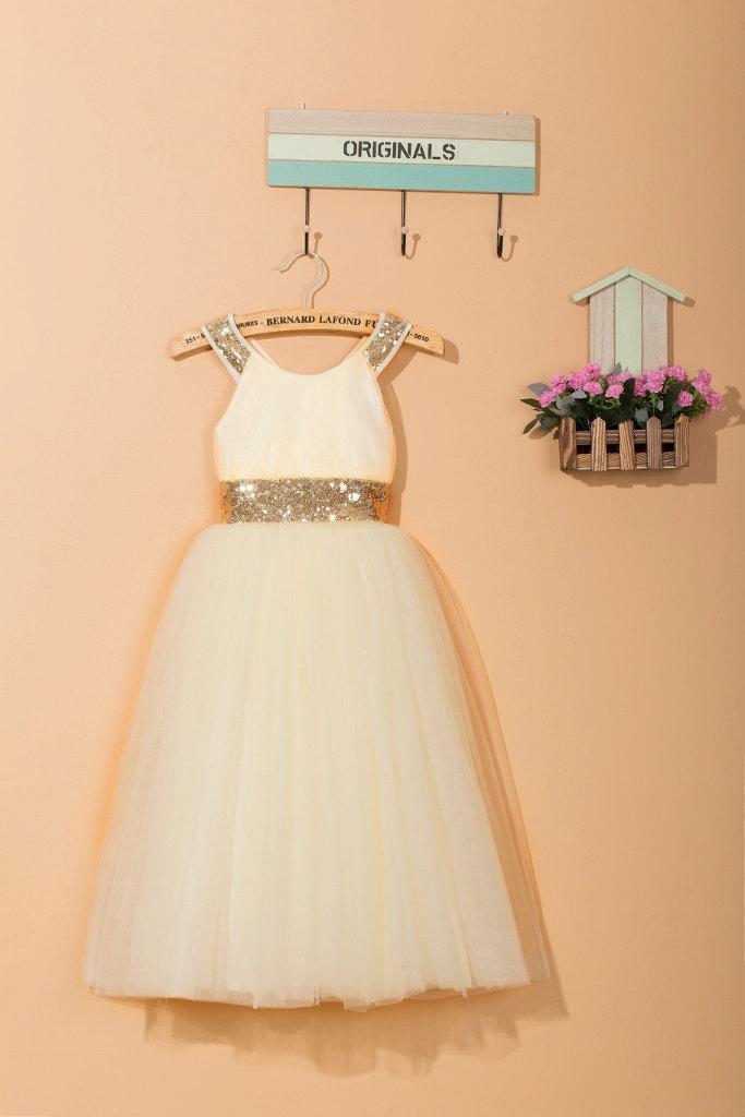 Hochzeit - Ivory flower girl dress /baby girl dress /gold sequins dress /toddler girl dress /tulle flower girl dress for wedding 0009