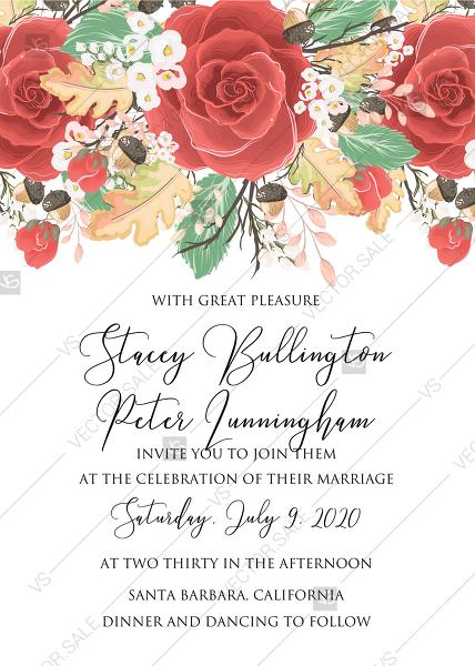 Mariage - Wedding invitation custom template red rose autumn fall leaves pdf decoration bouquet