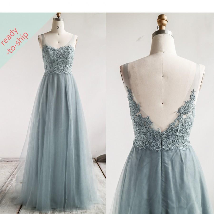زفاف - READY-TO-SHIP Wine/Dusty Blue Tulle Bridesmaid Dress Illusion Lace Open Back Wedding Dress Sweetheart Maxi Dress A-Line Prom Dress - HS691