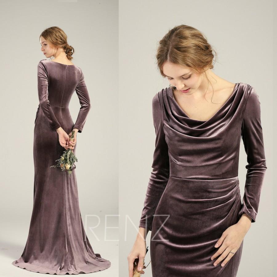 Wedding - Dark Mauve Velvet Bridesmaid Dress Long Sleeve Wedding Dress Cowl Neck Maxi Dress Ruched Slit Prom Dress Fitted Train Formal Dress(HV765)