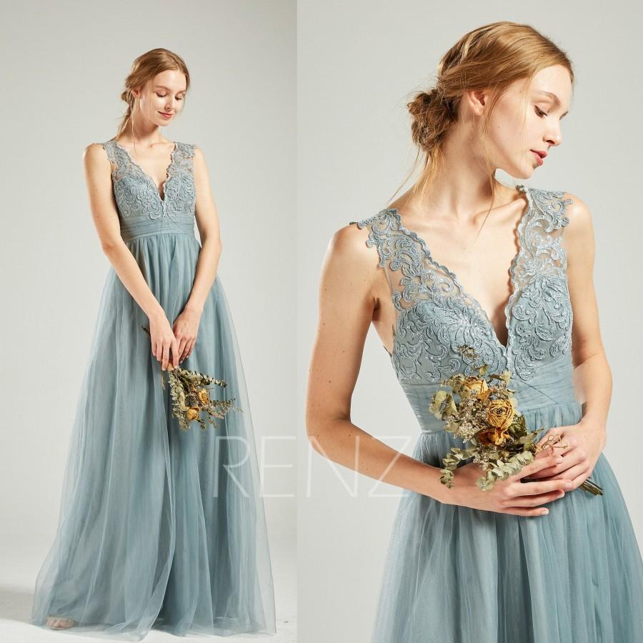 Mariage - Dusty Blue Tulle Bridesmaid Dress Wedding Dress V Neck Sleeveless Maxi Dress Long Party Dress Illusion Lace Back A-line Prom Dress(HS731)