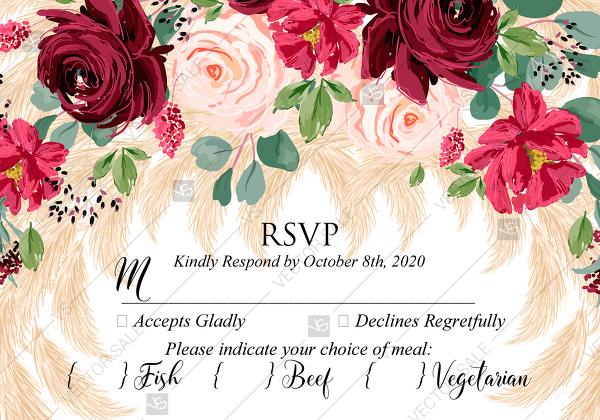 Wedding - RSVP Marsala peony rose pampas grass pdf custom online editor
