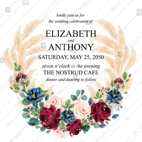 Wedding - Wedding invitation marsala peony rose watercolor greenery pampas grass floral PDF 5.25*5.25''