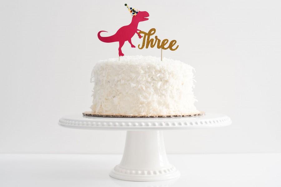 Wedding - Dinosaur Birthday Cake topper in PINK- 3rd birthday third, bday, cake smash, photo shoot, RAWR, Decorations, Party Supplies, Tyrannosaurus