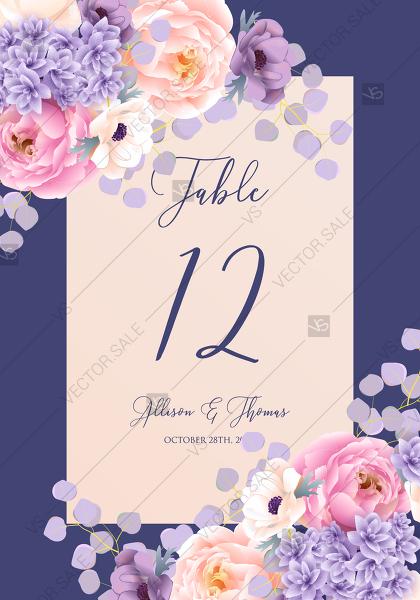 Свадьба - Table place card pink peach peony hydrangea violet anemone eucalyptus greenery pdf custom online editor bridal shower invitation