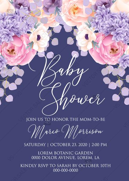 Mariage - Baby shower invitation pink peach peony hydrangea violet anemone eucalyptus greenery pdf custom online editor decoration bouquet