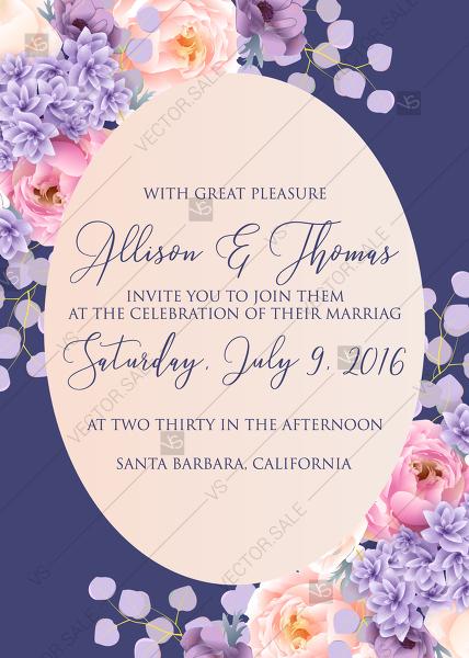 زفاف - Wedding invitation pink peach peony hydrangea violet anemone eucalyptus greenery pdf custom online editor baby shower invitation