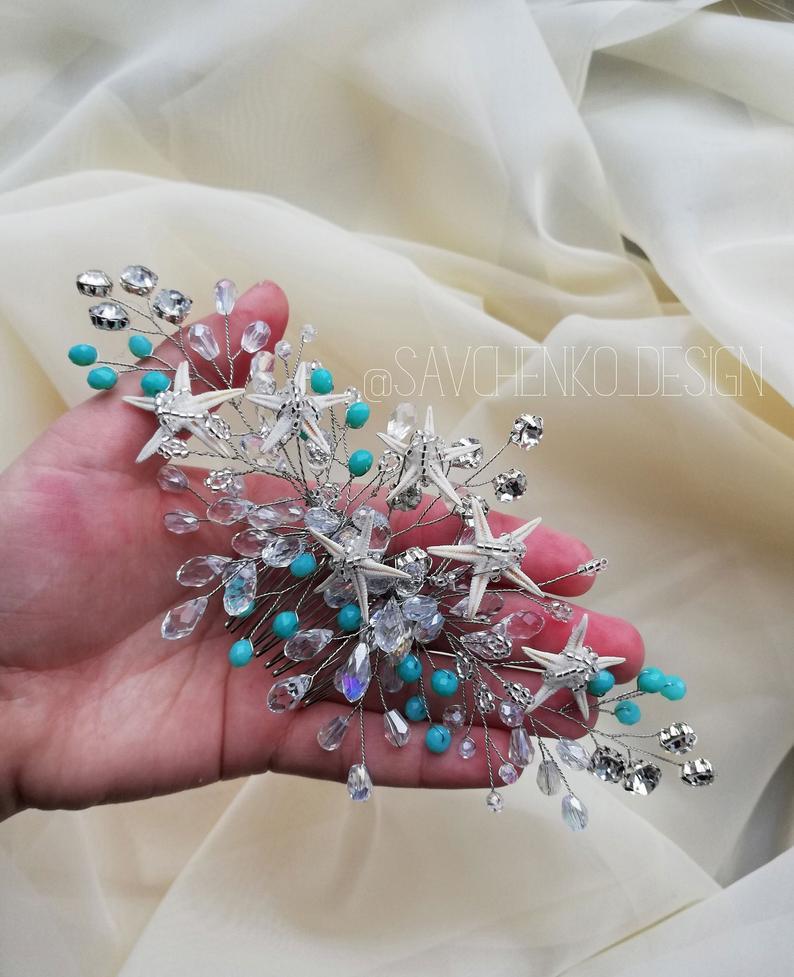 Свадьба - Beach wedding hair accessories Tiffany Bridesmaids gifts Aqua Blue Starfish Hair clip Mermaid crown Starfish crown seashell hair accessories