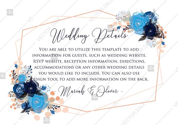 زفاف - Wedding details card royal navy blue rose peony indigo watercolor pdf online editor 5*3.5''
