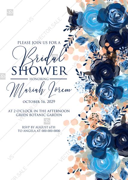 Wedding - Bridal shower invitation royal navy blue rose peony indigo watercolor pdf online editor 5''*7''