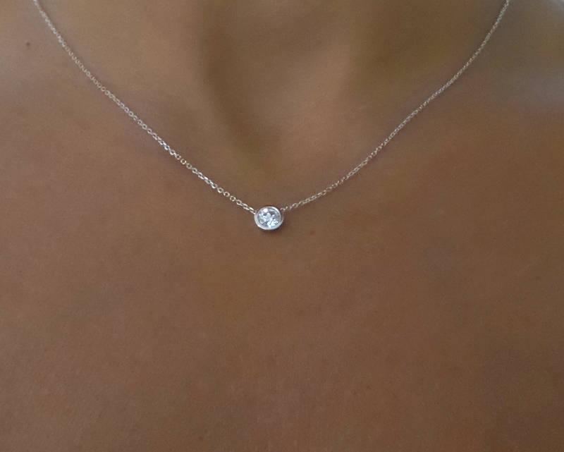 زفاف - Diamond Solitaire Necklace / 14k White Gold Diamond Solitaire Necklace / Floating Diamond Solitaire Necklace / Dainty Diamond Necklace