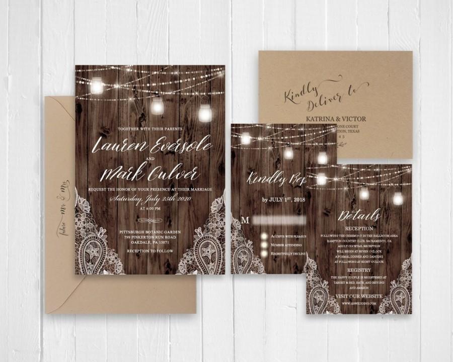 زفاف - Rustic Lace Wedding Invitation Rustic Wood Mason Jars String Lights Wedding Set Printed Invite RSVP Details SC620(120LB premium card stock)