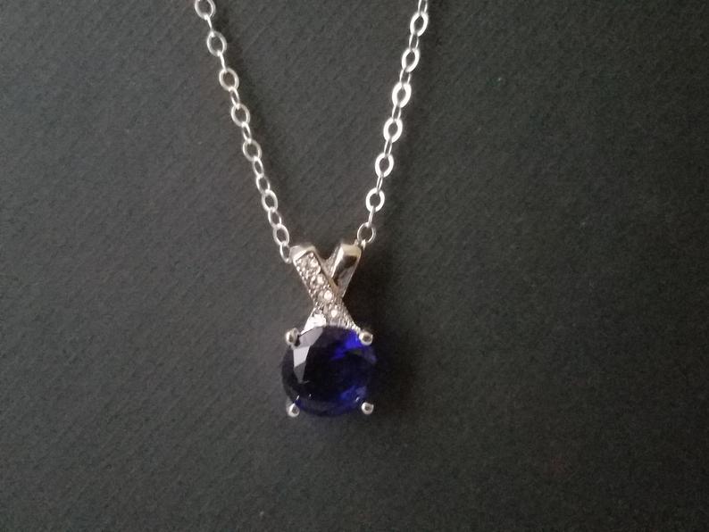 زفاف - Navy Blue Silver Necklace, Dark Blue Crystal Bridal Necklace, Wedding Blue Cubic Zirconia Necklace, Navy Blue Small Pendant, Bridal Jewelry