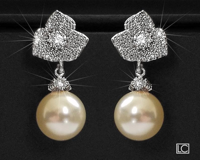 Hochzeit - Pearl Bridal Earrings, Trillium Flower Silver Earrings, Swarovski 10mm Pearl Earrings, Ivory Pearl Floral Stud Earrings, Wedding Earrings