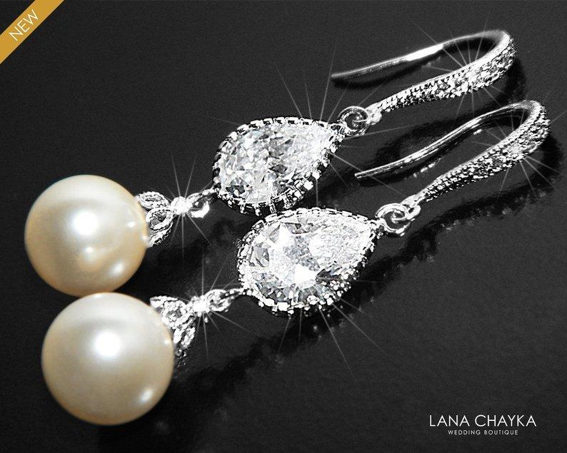 Hochzeit - Pearl Chandelier Bridal Earrings, Swarovski Ivory Pearl Earrings, Wedding Pearl Silver Earrings, Bridal Pearl Jewelry, Ivory Pearl Earrings