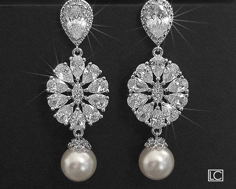 Hochzeit - Bridal Chandelier Earrings, Wedding Swarovski White Pearl Cubic Zirconia Earrings, Statement Earrings, Pearl Crystal Earrings, Vintage Style