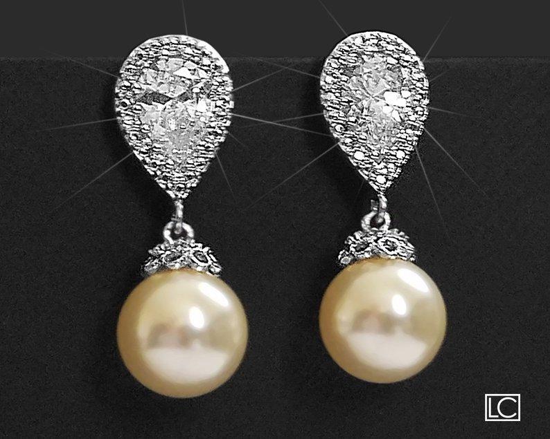 Свадьба - Pearl Bridal Earrings, Swarovski 10mm Ivory Pearl CZ Earrings, Wedding Pearl Earrings, Pearl Drop Earrings, Bridal Jewelry, Wedding Jewelry
