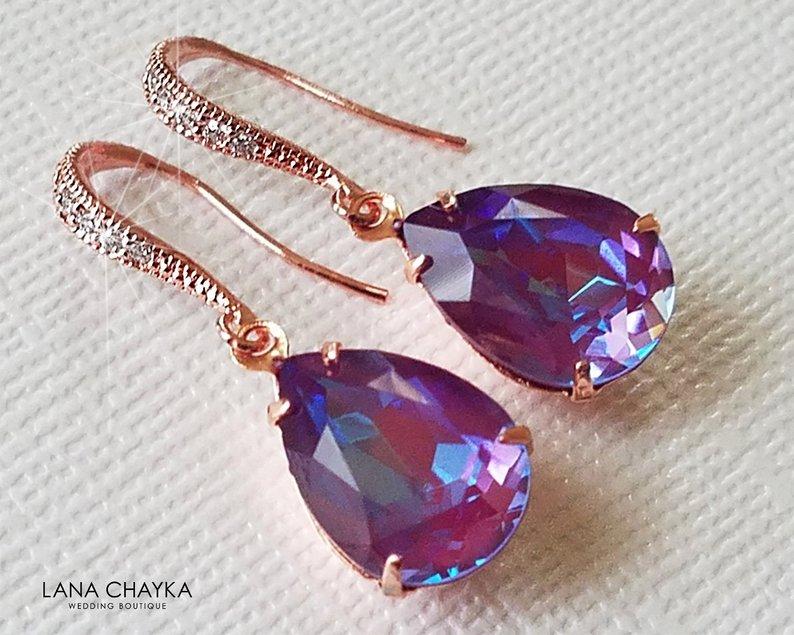 Wedding - Swarovski Burgundy DeLite Rose Gold Earrings, Purple Turquoise Teardrop Earrings, Wedding Crystal Dangle Earrings, Bridesmaid Purple Jewelry