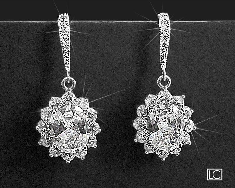 Hochzeit - Bridal Earrings, Crystal Wedding Earrings, Cubic Zirconia Earrings, Halo CZ Earrings, Wedding Oval Crystal Earrings, Bridal Crystal Jewelry