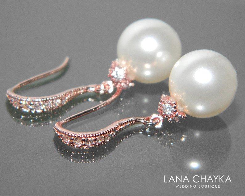 Mariage - White Pearl Rose Gold Bridal Earrings Swarovski 10mm Pearl Wedding Earrings Rose Gold CZ Pearl Dangle Earrings Bridal Jewelry Prom Jewelry