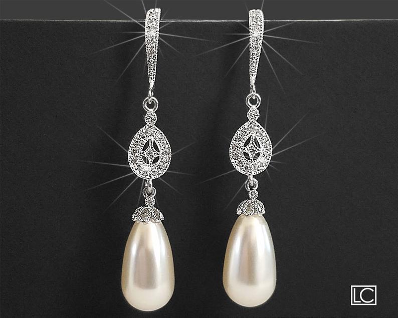 Wedding - White Teardrop Pearl Chandelier Earrings, Swarovski Pearl Dangle Wedding Earrings, Pearl Wedding Earrings, White Pearl Silver CZ Earrings