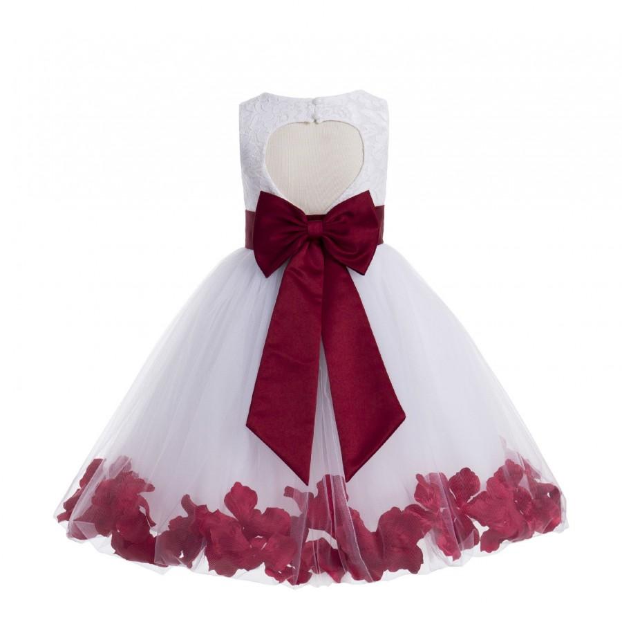 Hochzeit - White Heart Cutout Flower girl dress Wedding Junior Bridesmaid, Communion Baptism Floral Design Lace PetalToddler Dress Satin Made to Order!