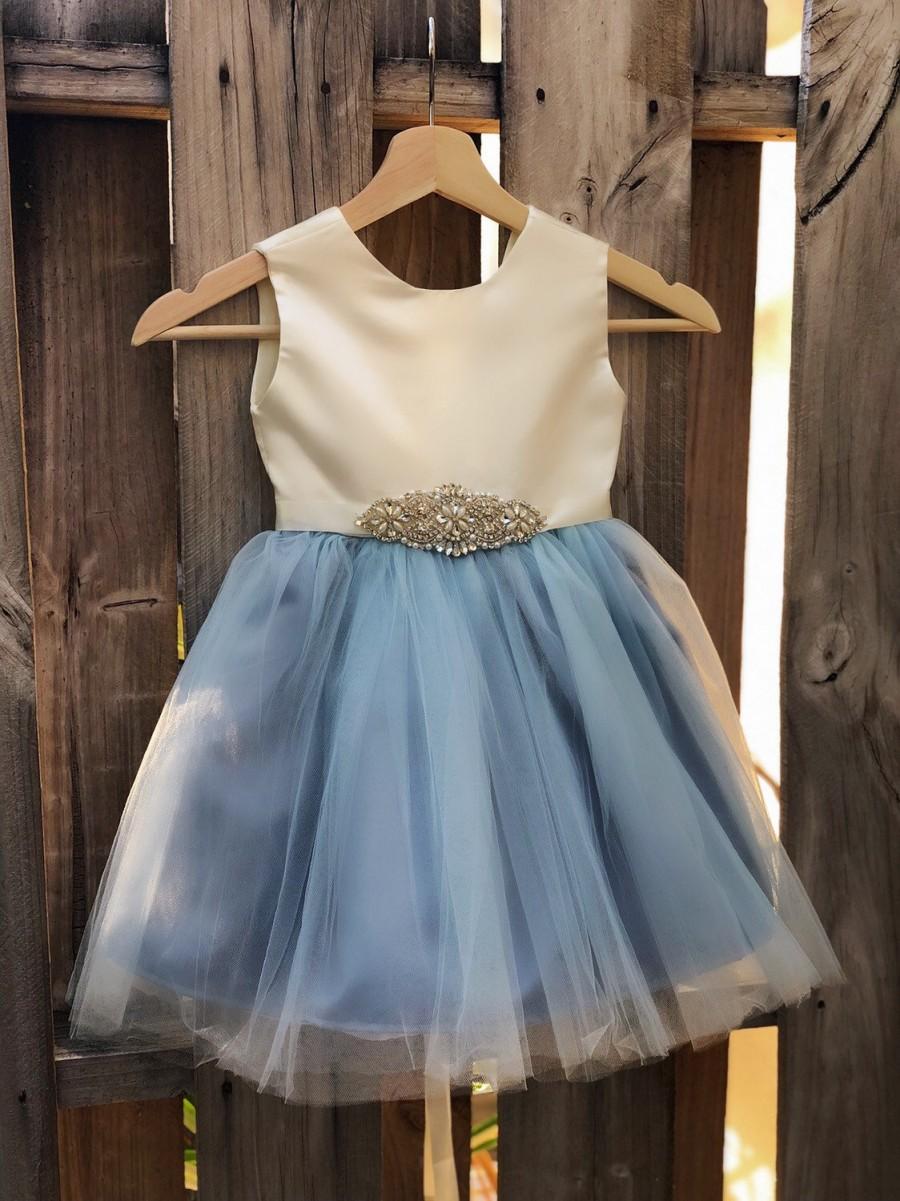 Hochzeit - Dusty Blue Flower Girl Dress, Rhinestone Flower Girl Dresses, Sash Elegant Satin Tulle Flower Girl Dresses, Dusty Blue Wedding