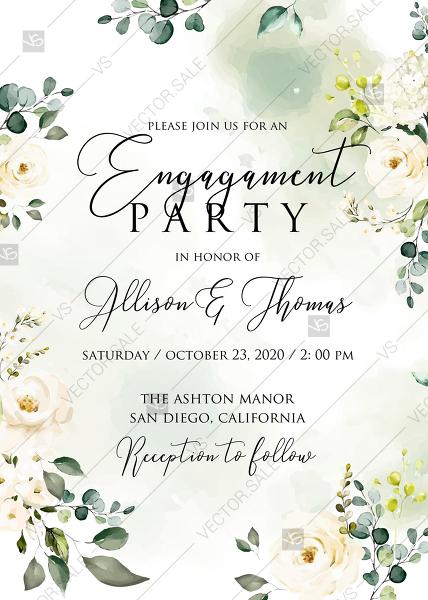 Wedding - White rose peony greenery watercolor engagement invitation free custom online editor 5''*7''