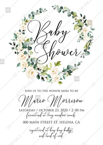Hochzeit - White rose peony greenery watercolor baby shower invitation free custom online editor 5''*7''