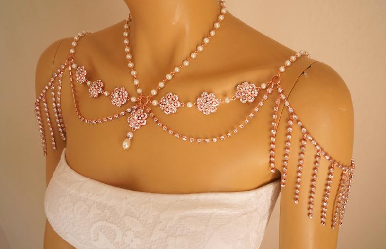 Hochzeit - Shoulder necklace,Rose gold shoulder jewelry,Wedding necklace,Swarovski shoulder jewelry,Bridal shoulder necklace,Pearl shoulder necklace