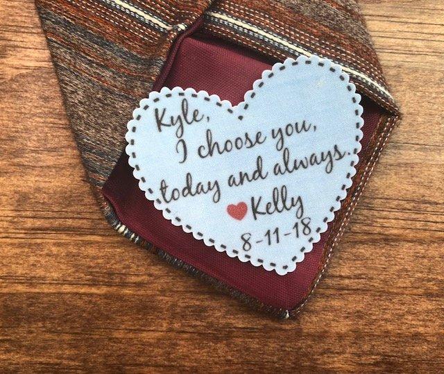 Wedding - GROOM TIE PATCH - Groom Gift, Iron On, Sew On , I Choose You Today And Always, Choose Patch Color, 2.25" Wide Heart Shaped Patch