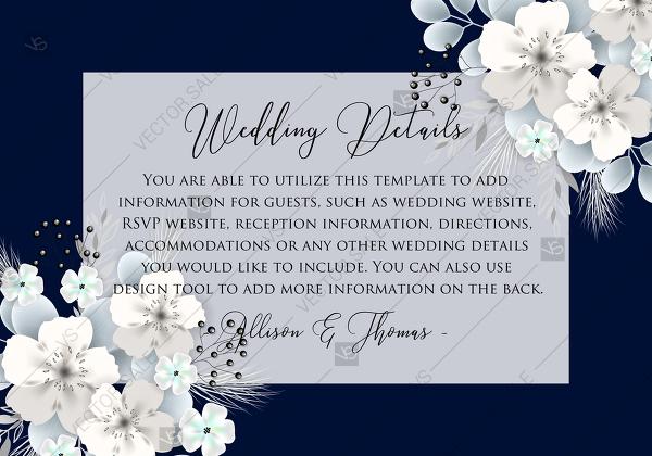 Hochzeit - Wedding Details card white hydrangea navy blue background online invite maker 5''x 3.5''