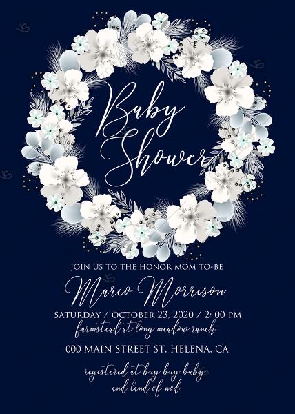 Mariage - Baby shower invitation white hydrangea navy blue background online invite maker 5''x 7''
