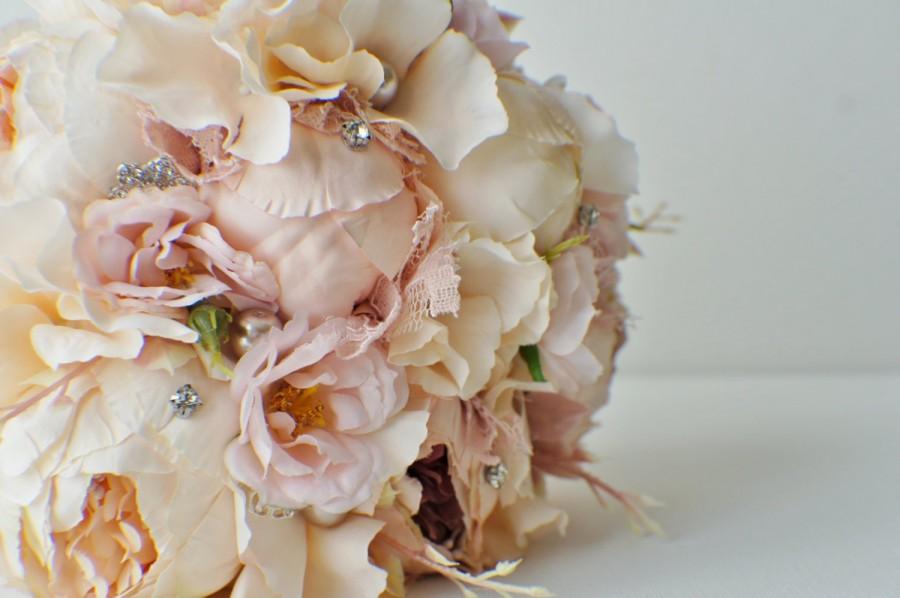 Wedding - Peony Bridal Bouquet, Silk Wedding Flowers, Champagne Wedding Flowers, Vintage Wedding, Rustic Wedding Shabby Chic Wedding, BroochBouquet