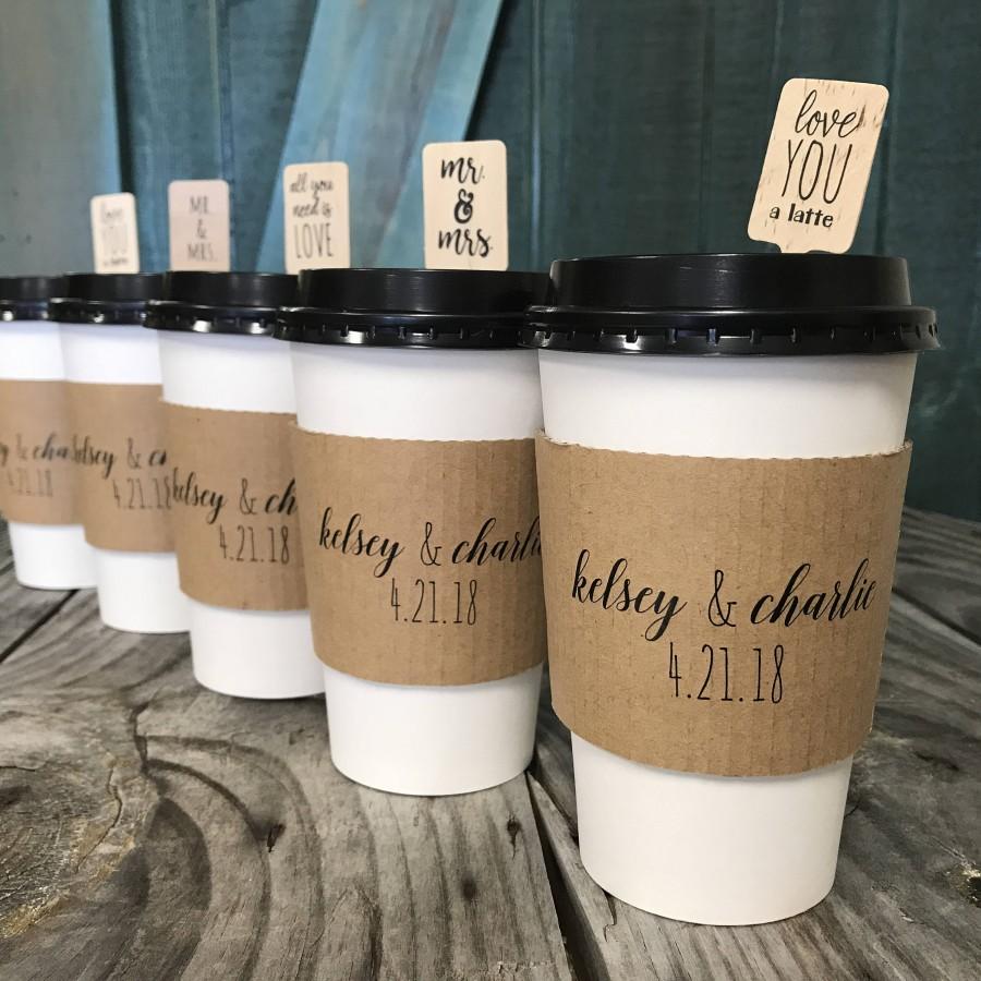 Wedding - Personalized Printed Coffee Sleeves, White Cups and Black Lids - Pick Your Design - Recycled Natural Brown Kraft