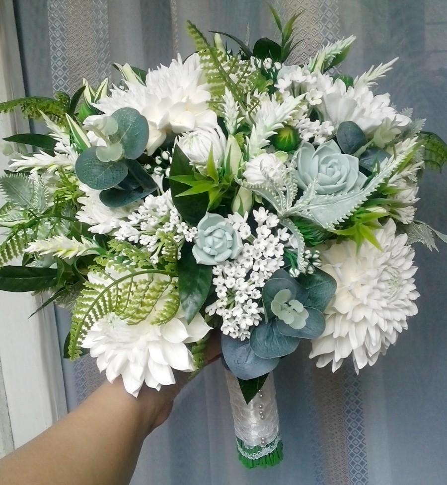 Wedding - Dahlia bouquet, succulent bouquet, greenery wedding bouquet, keepsake bridal bouquet, green bridal bouquet