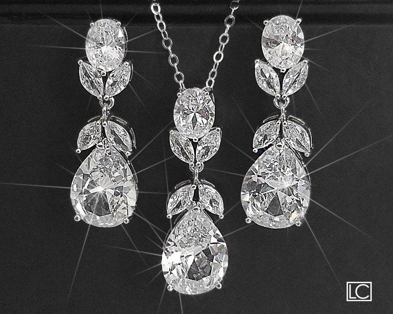 زفاف - Bridal Jewelry Set, Silver Teardrop Crystal Bridal Set, Wedding Cubic Zirconia Earrings&Necklace Set, Sparkly Jewelry Set, Bridal Zircon Set