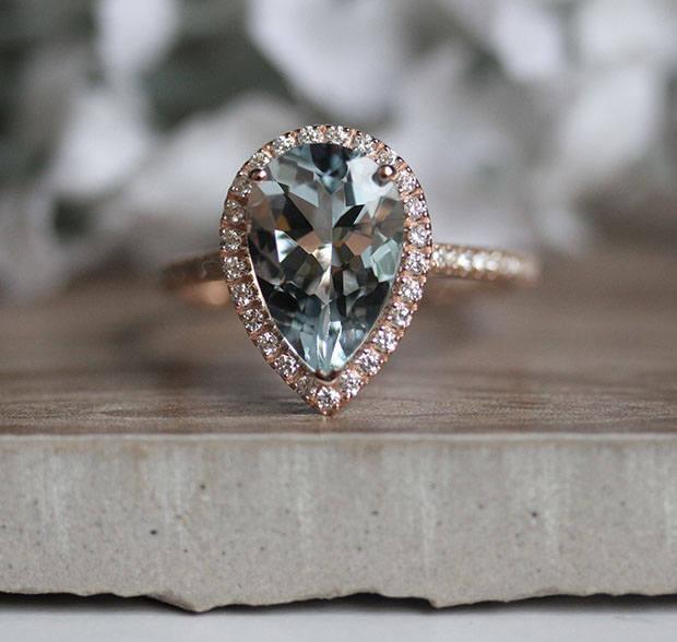 زفاف - Natural Aquamarine and Diamond Engagement Ring, Pear 12x8mm Aquamarine Bridal Ring, 14k Rose Gold Diamond Wedding Band, Promise Ring