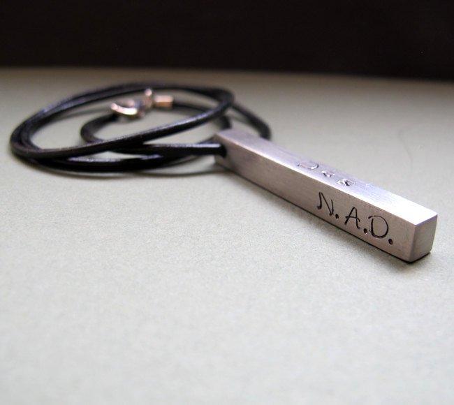 Wedding - Personalized Four Sided Bar Pendant Necklace / Custom Engraved Leather Cord Necklace for Men / Thick Silver Bar / Men Bar Necklace Rectangle