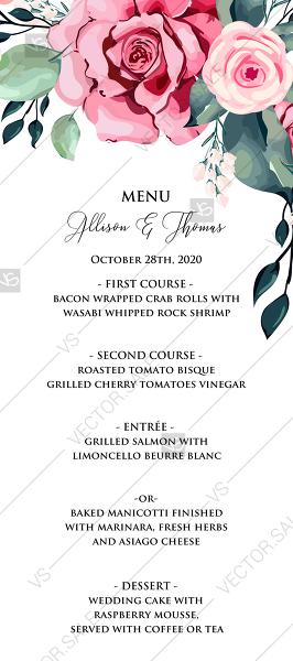 Mariage - Menu template watercolor rose floral greenery PDF 4 x 9 in custom online editor floral background