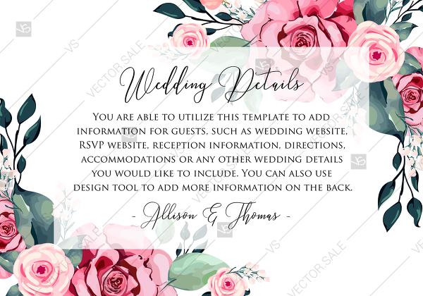 Mariage - Wedding detail card watercolor rose floral greenery PDF 5x3.5 in custom online editor anniversary invitation