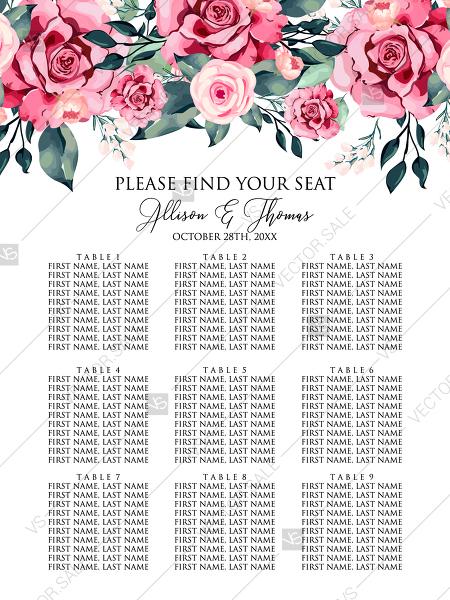 Wedding - Seat card watercolor rose floral greenery PDF custom online editor 18x24in