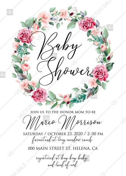 Hochzeit - Baby shower invitation wreath watercolor rose floral greenery 5 x 7 in PDF custom online editor decoration bouquet